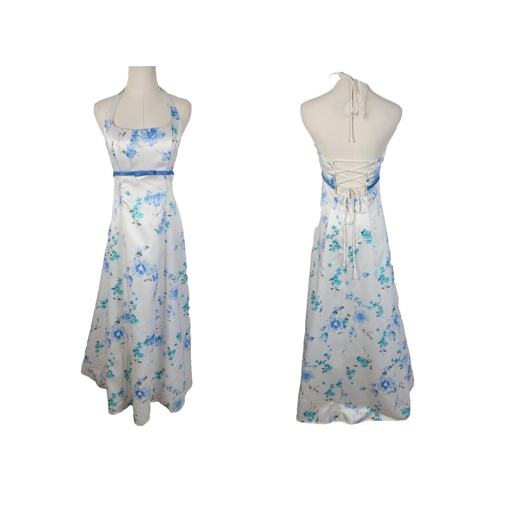 Y2k Blondie Nites White & Blue Floral Lace Up Halter Gown Dress Size 5 Maxi USA